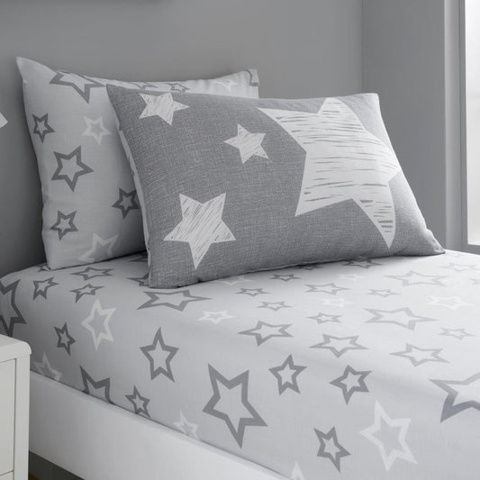 Grey Star Patterned Single Fitted Printed Sheet With Pillowcase