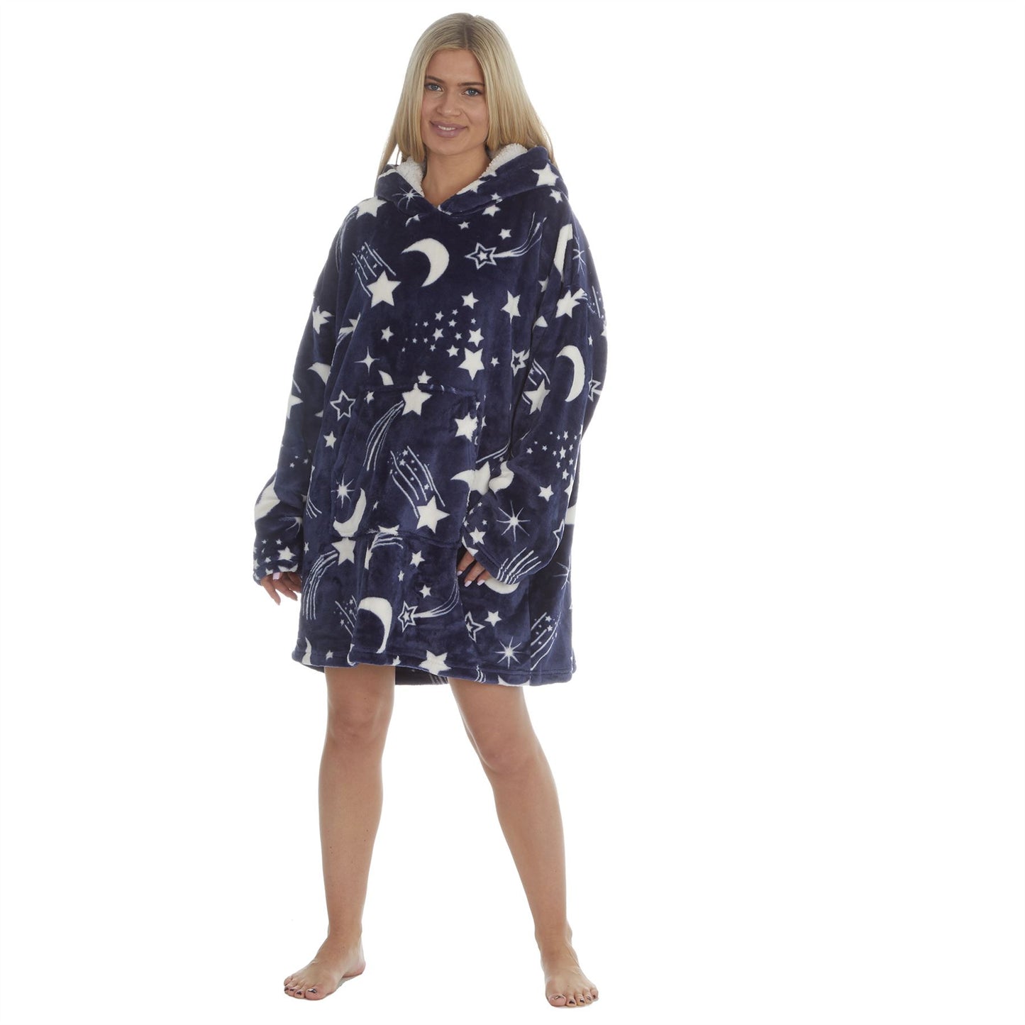 Shooting Stars Navy Oversized Sherpa Fleece Hoodie Blanket