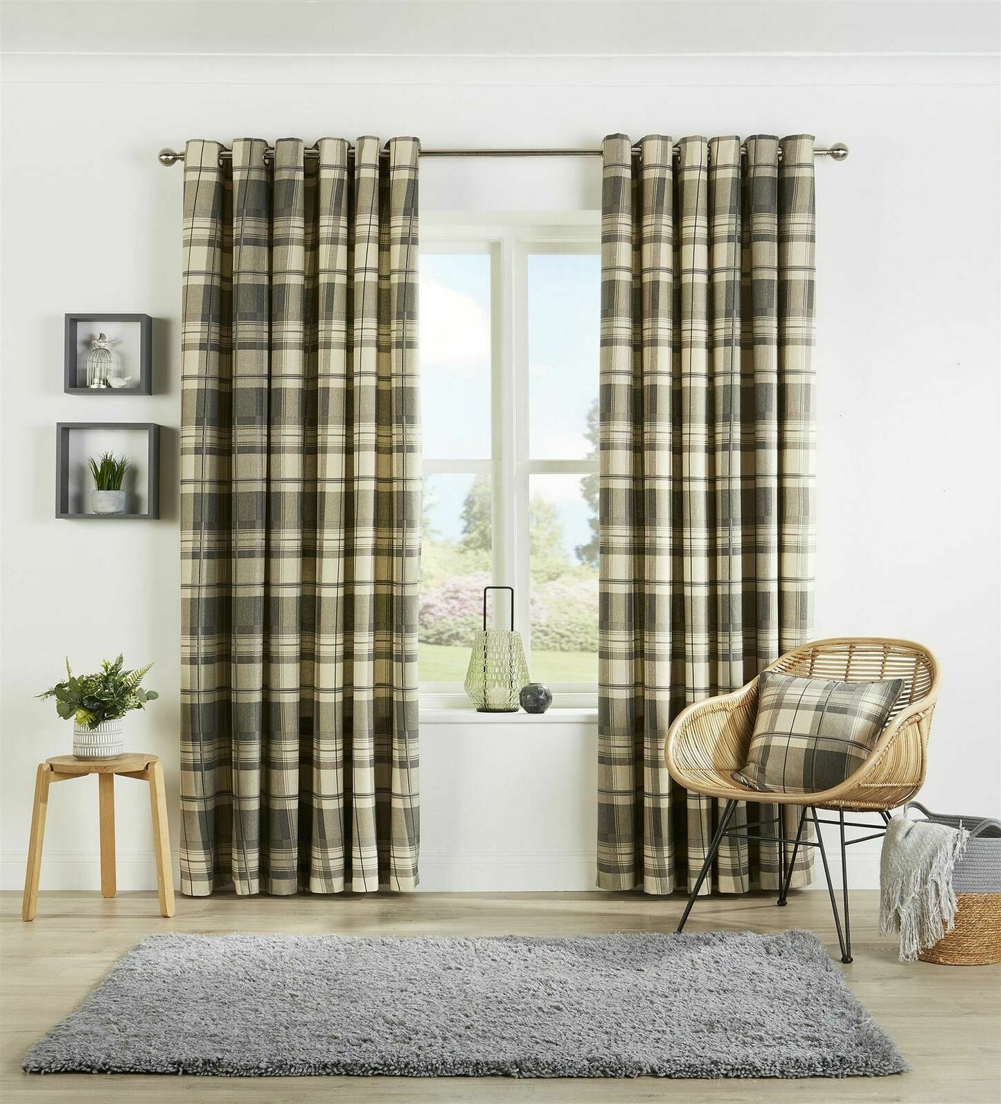 Check Ring Top Lined Curtain Pair Grey