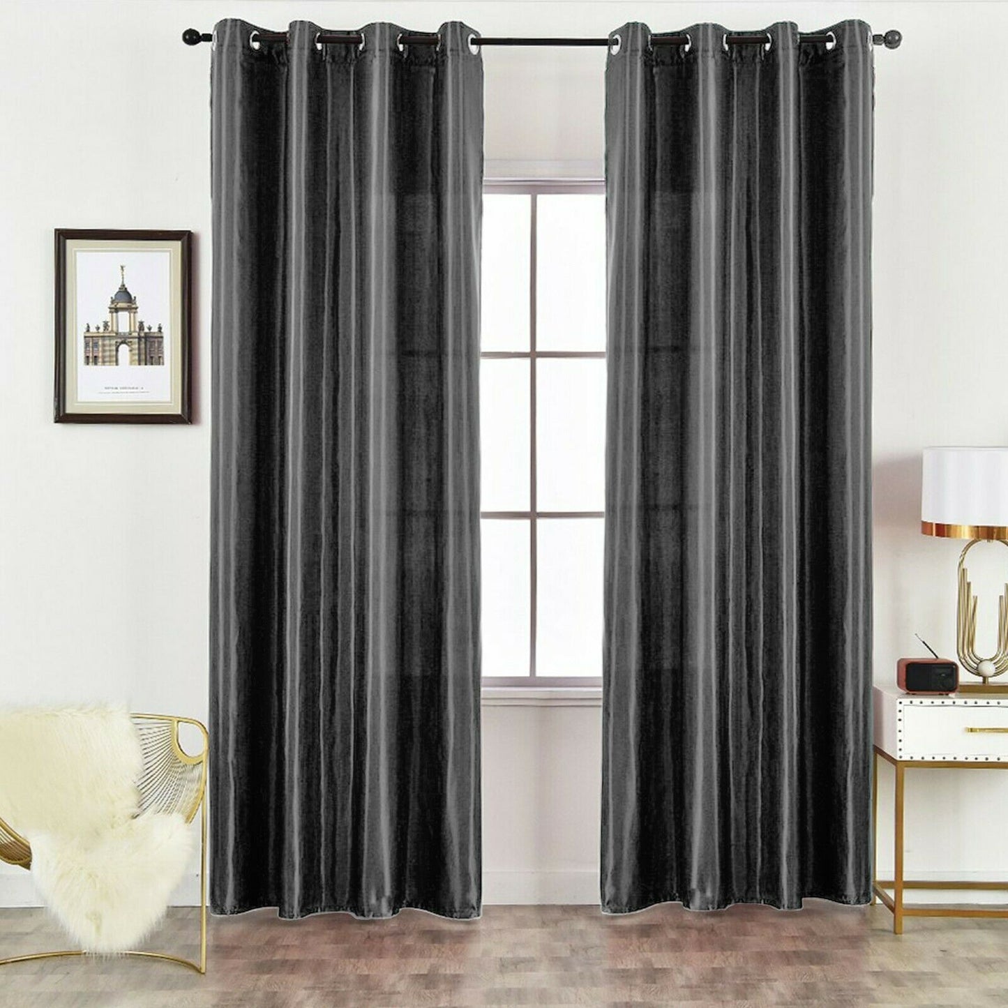 Luxury Faux Silk Eyelet Curtains (Charcoal)