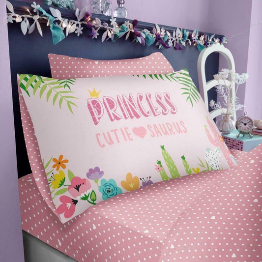 Cutie-Saurus Pink Patterned Single Fitted Printed Sheet With Pillowcase