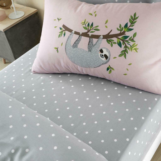 Grey Star Sloth Patterned Single Fitted Printed Sheet With Pillowcase