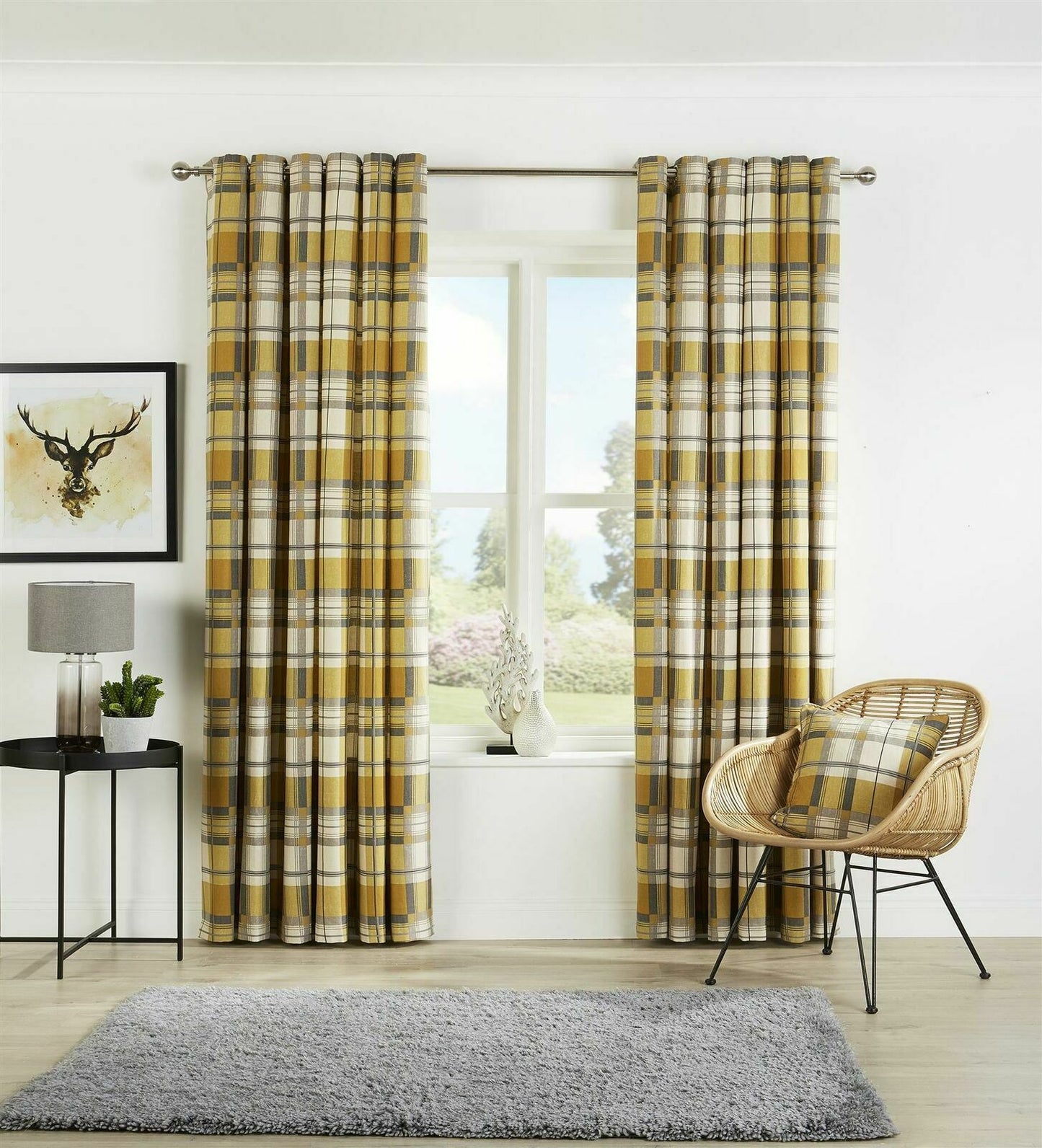 Check Ring Top Lined Curtain Pair Ochre