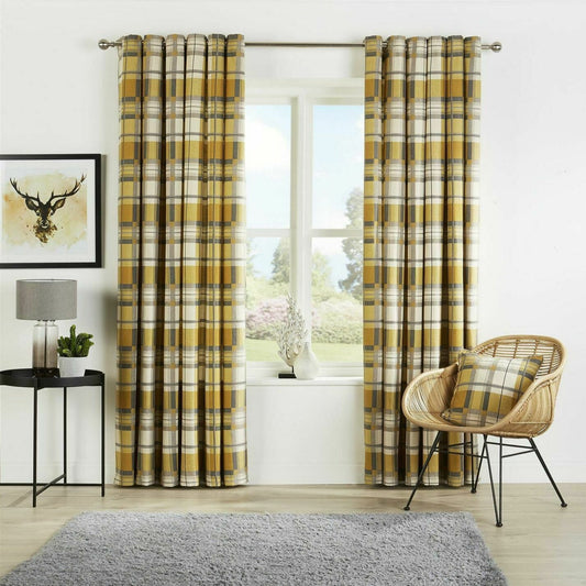 Check Ring Top Lined Curtain Pair Ochre