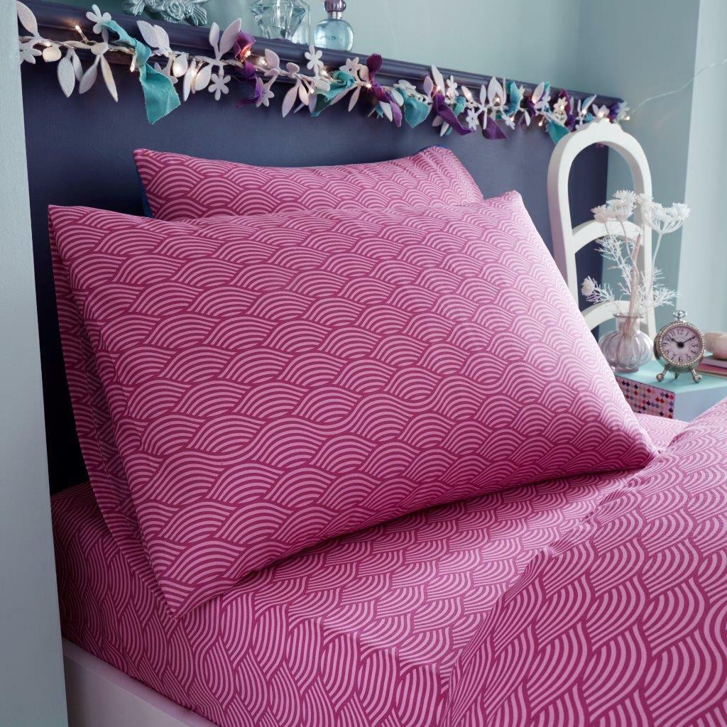 Pink Mermaid Vibes Wave Patterned Single Fitted Printed Sheet With Pillowcase