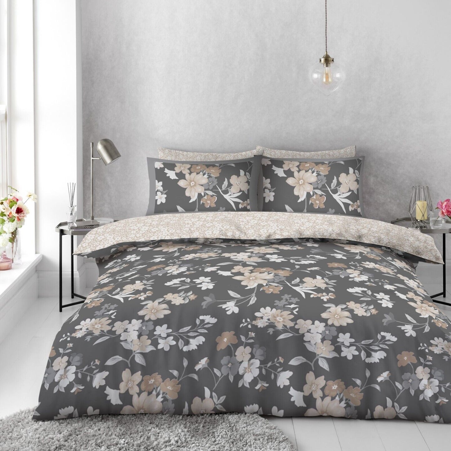 Grey and Natural Ditsy Floral Reversible Duvet Set