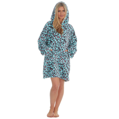 Aqua Leopard Print Oversized Sherpa Fleece Hoodie Blanket