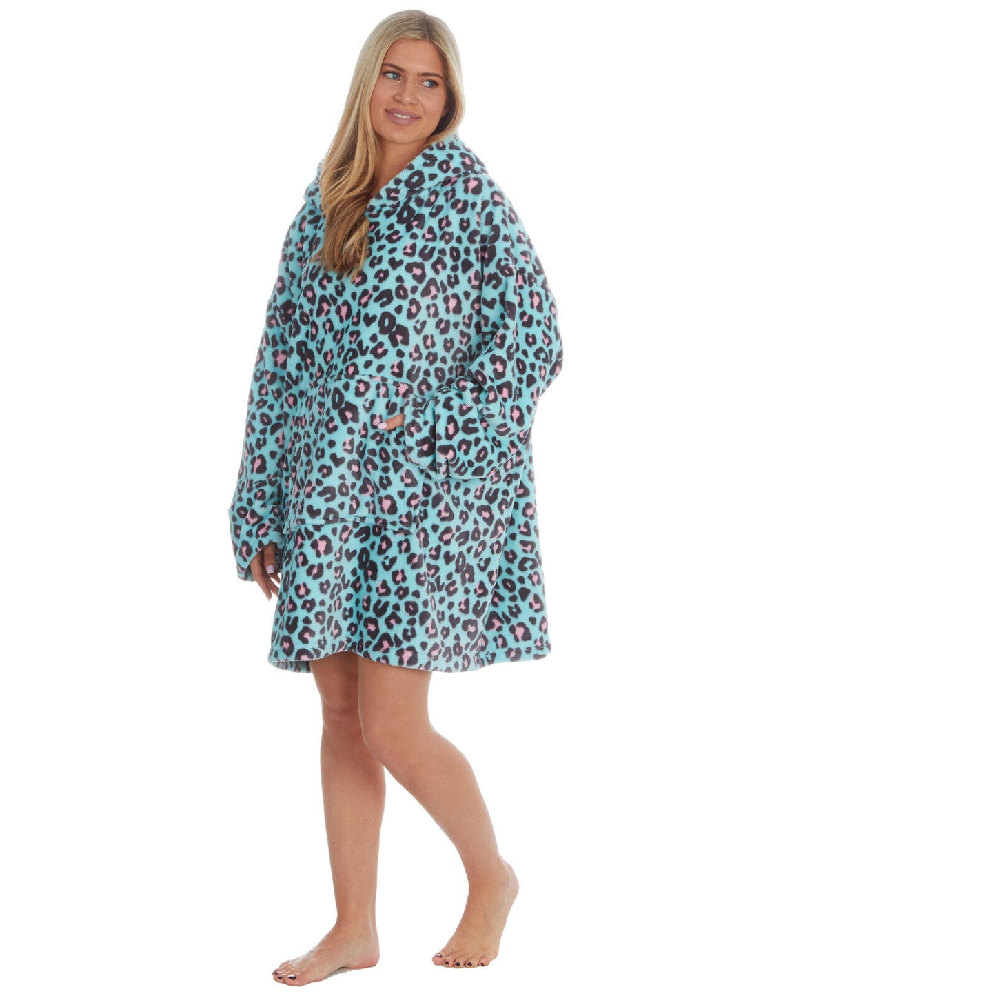 Aqua Leopard Print Oversized Sherpa Fleece Hoodie Blanket