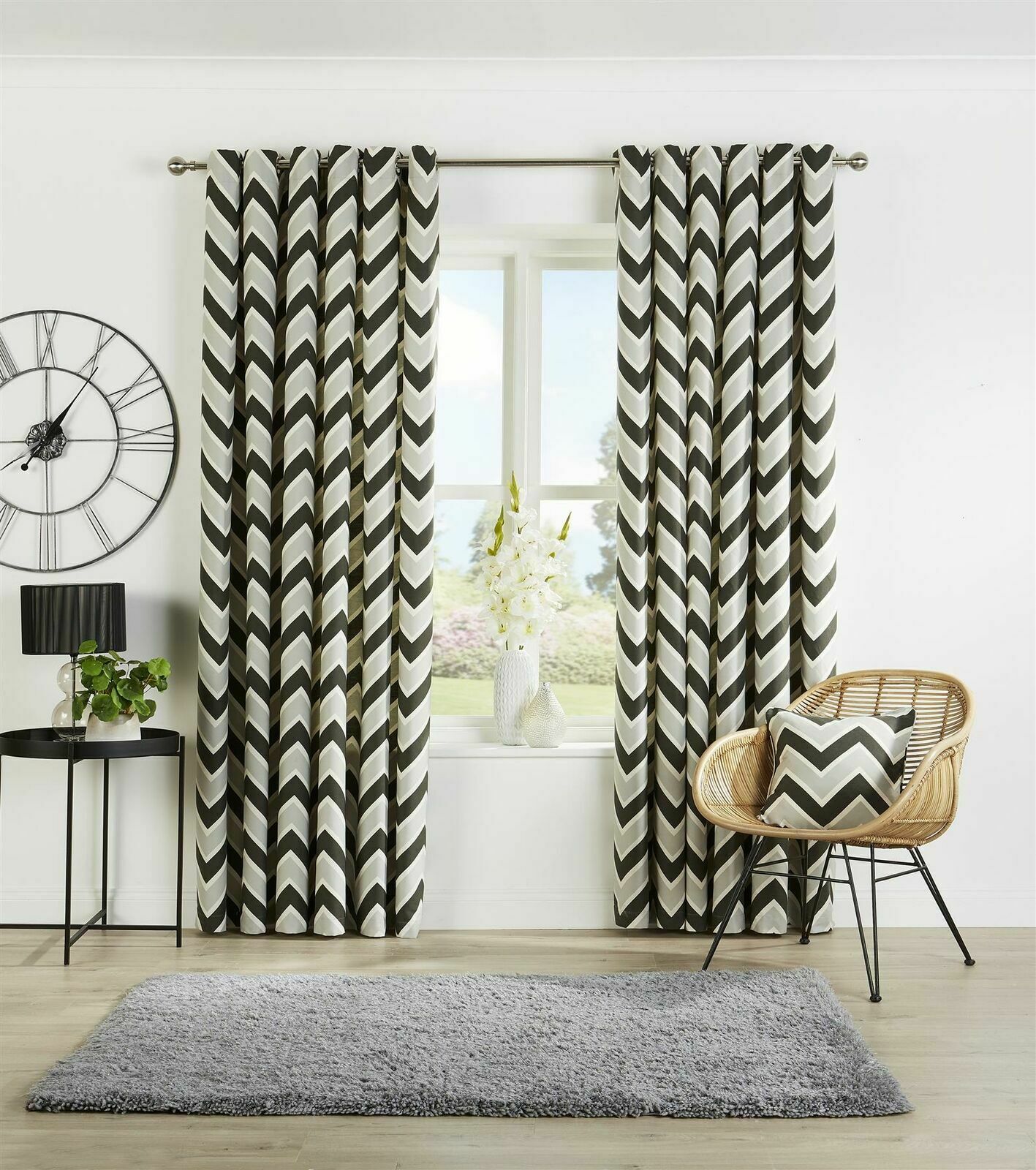Chevron Ring Top Lined Curtain Pair Grey And White