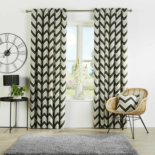 Chevron Ring Top Lined Curtain Pair Grey And White